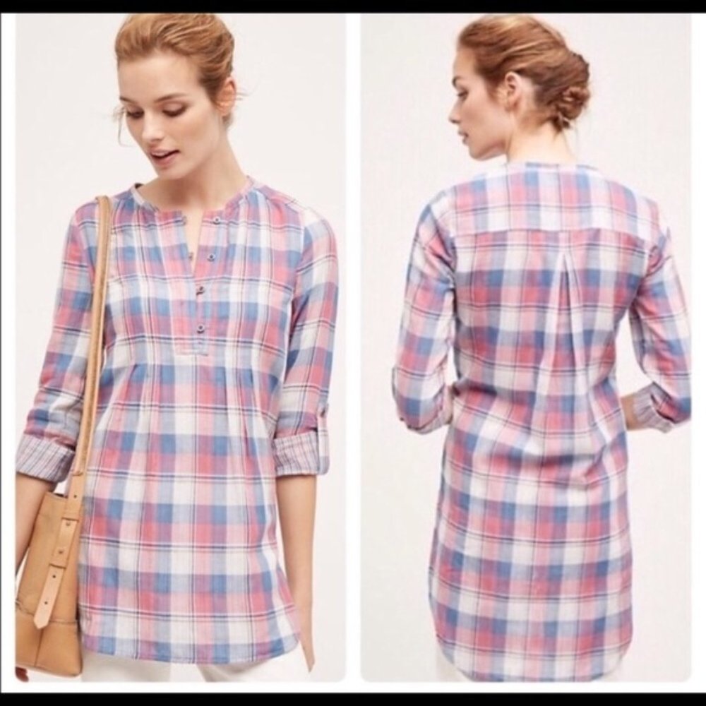 Anthropologie Holding Horses Pink Blue Plaid Tunic